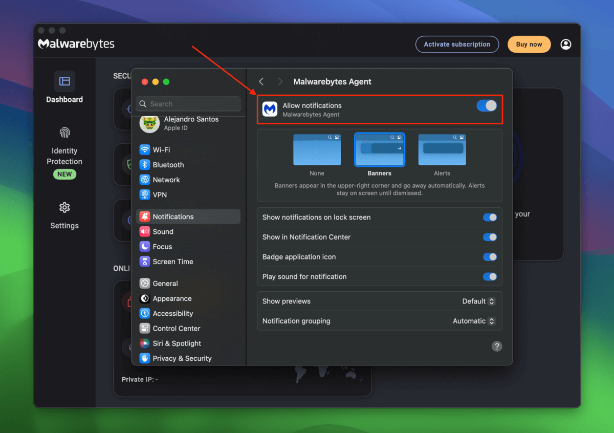 Allow notifications settings in Malwarebytes