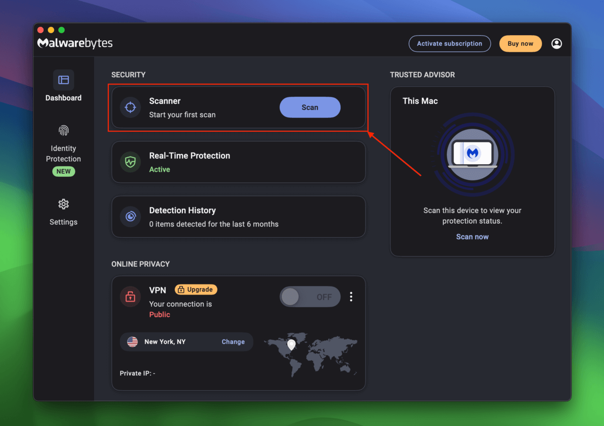 Scan button in the Malwarebytes main menu