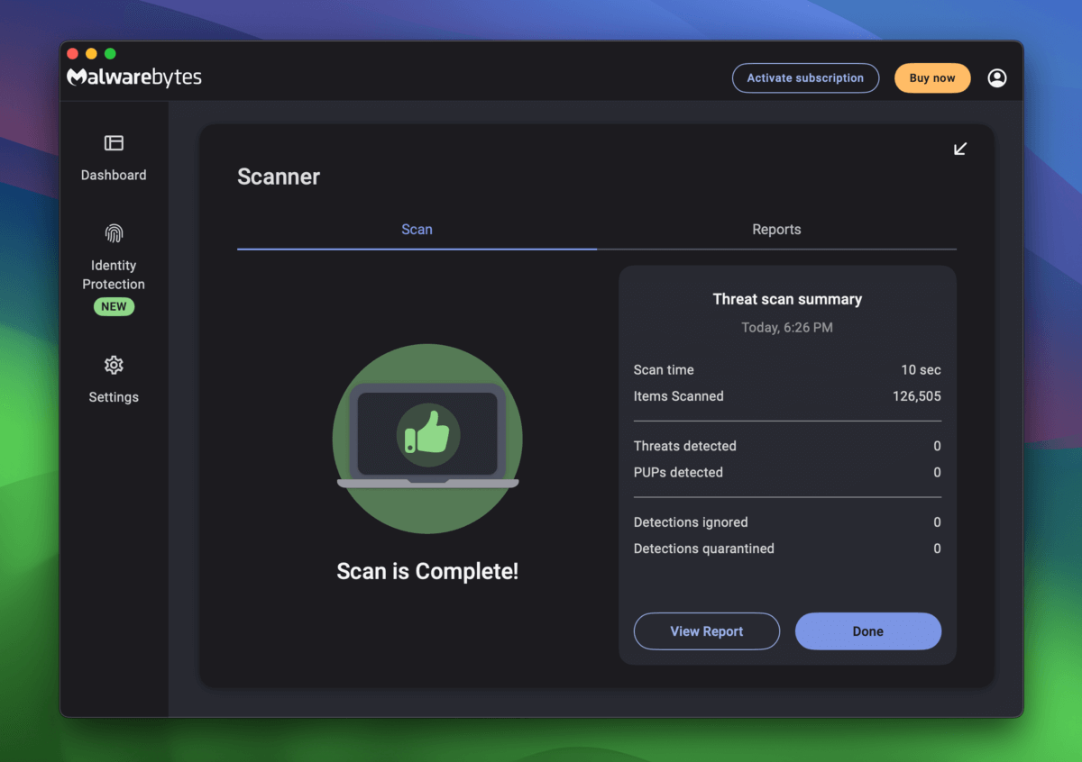 Scan completion screen in Malwarebytes