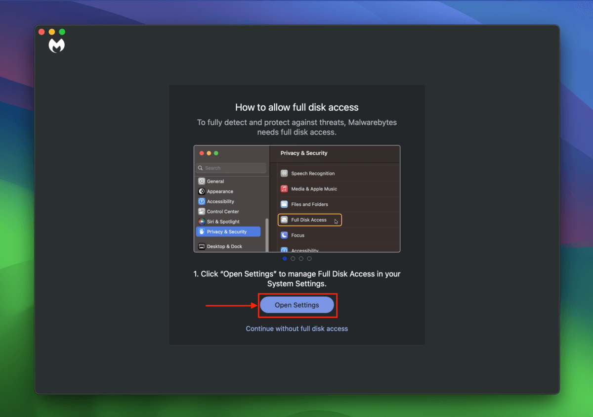 Open Settings button in Malwarebytes macOS installer