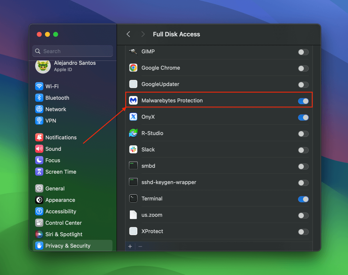 Malwarebytes in macOS Full Disk Access settings