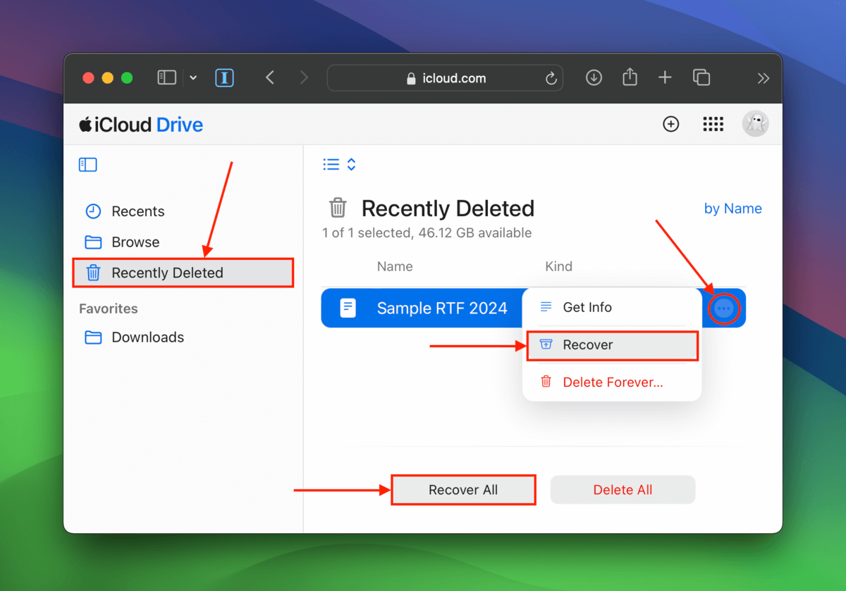 Recently Deleted folder in iCloud Web