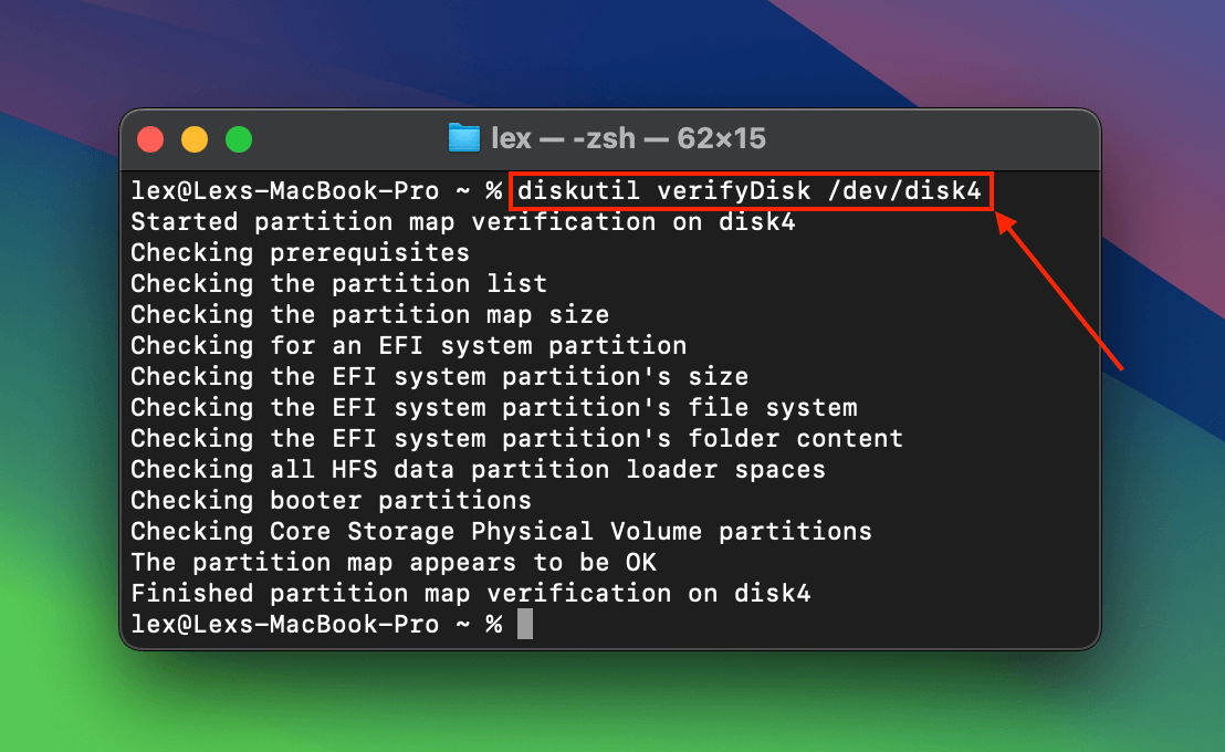 verifyDisk command executed in the Terminal app