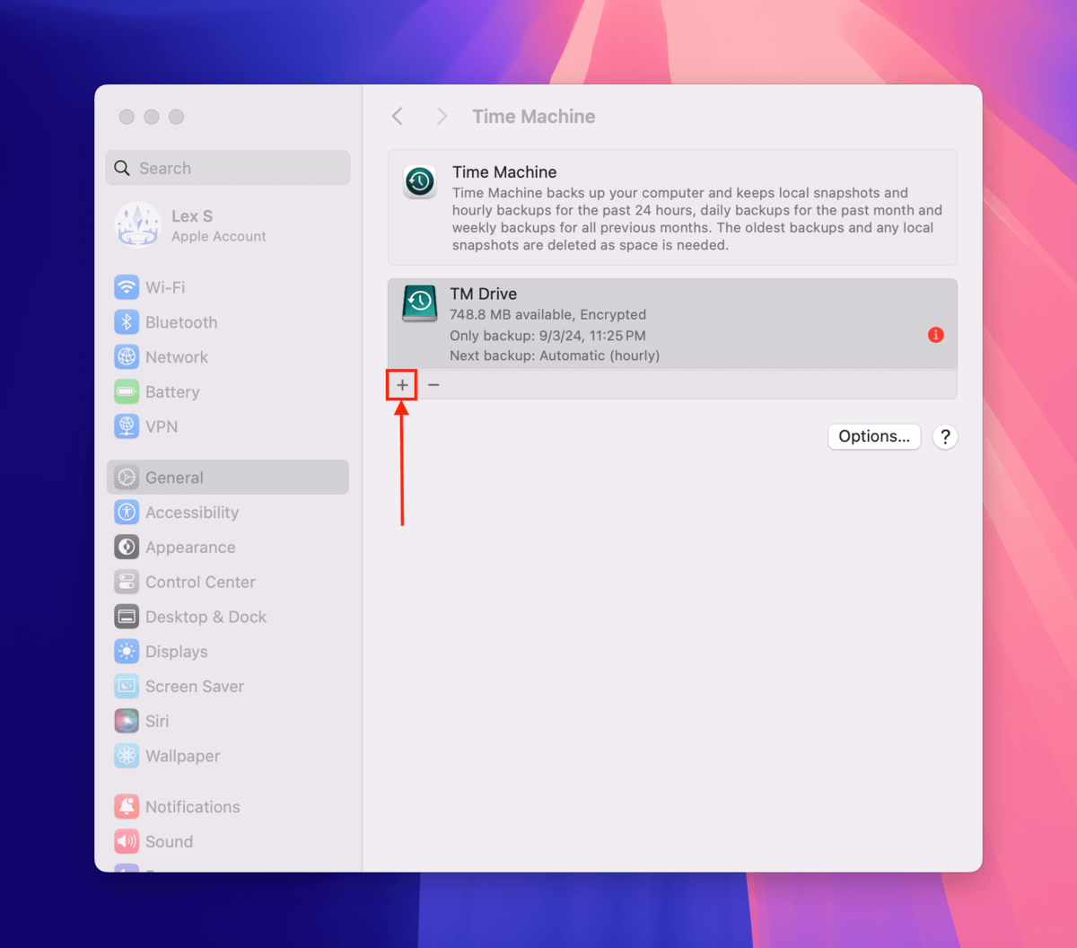 Add Disk button in the Time Machine menu in System Settings