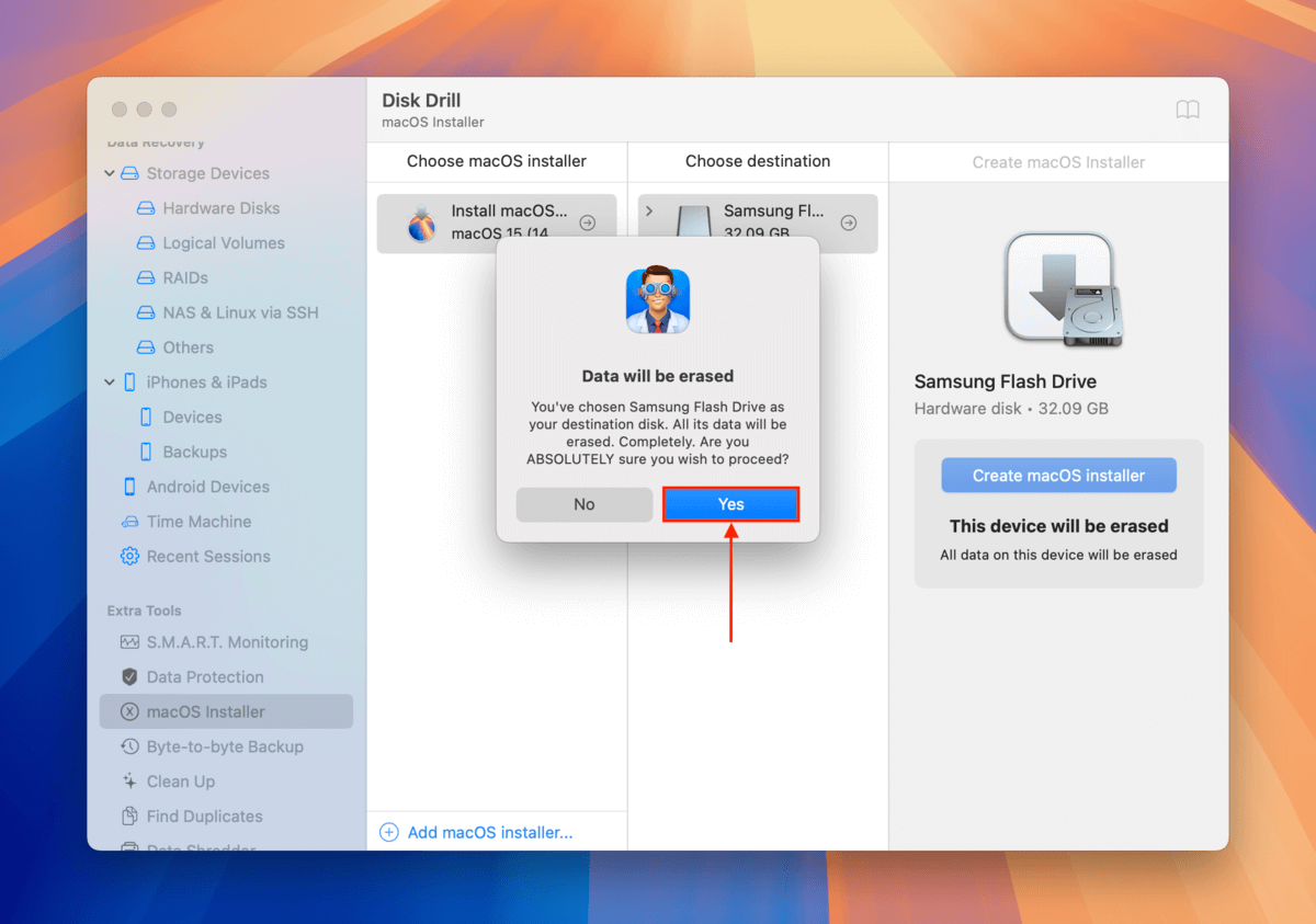 Confirmation dialogue for macOS installer creation in Disk Drill