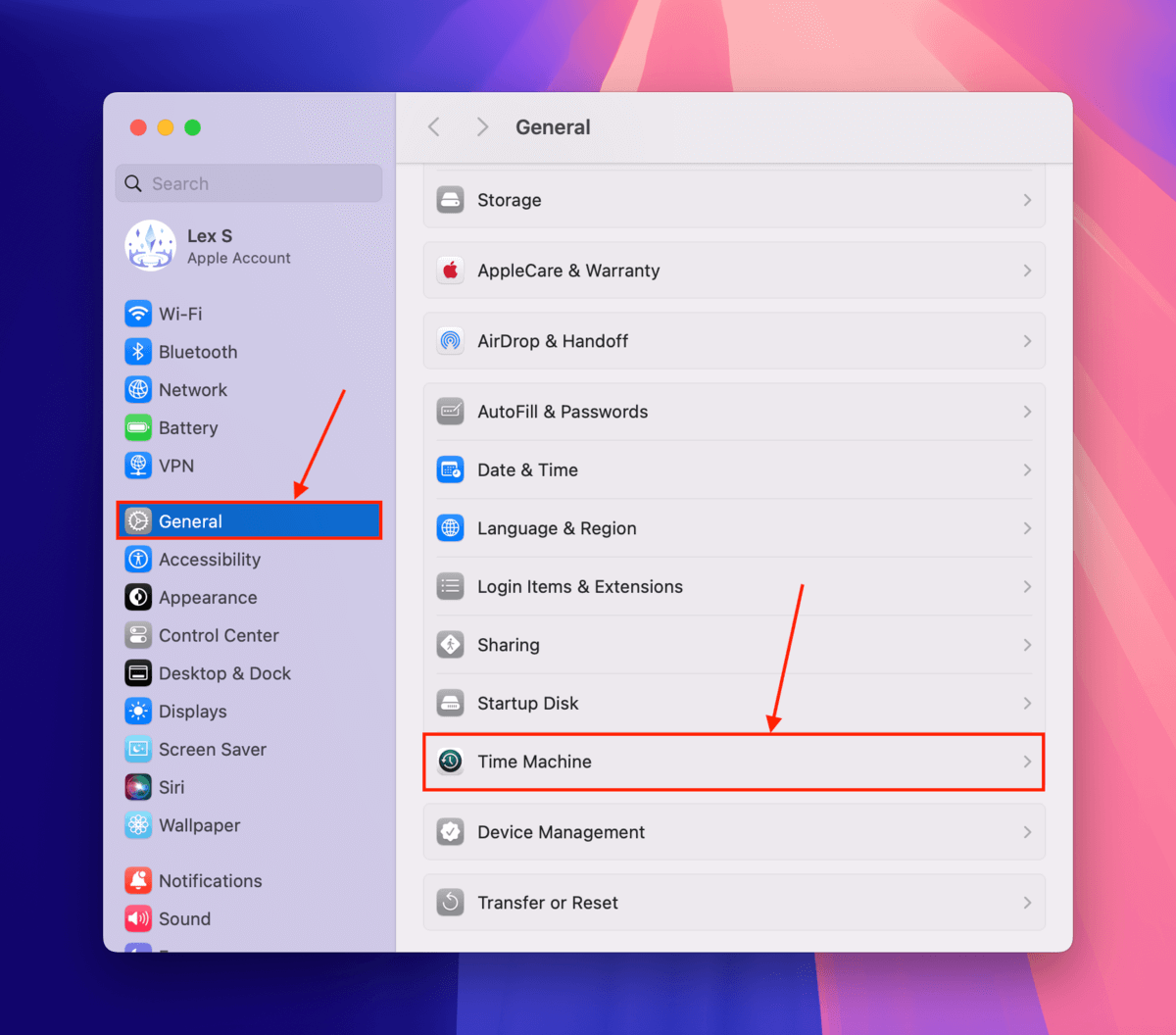 Time Machine button in the General menu in System Settings