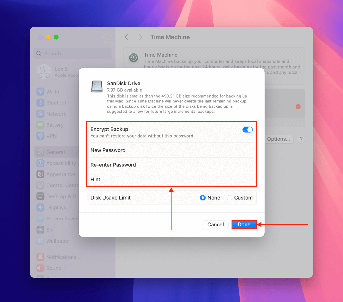 Disk encryption setup in Time Machine menu
