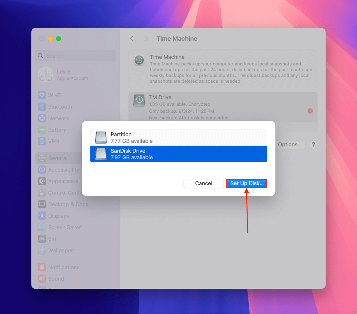 Set Up Disk button in the Time Machine setup menu