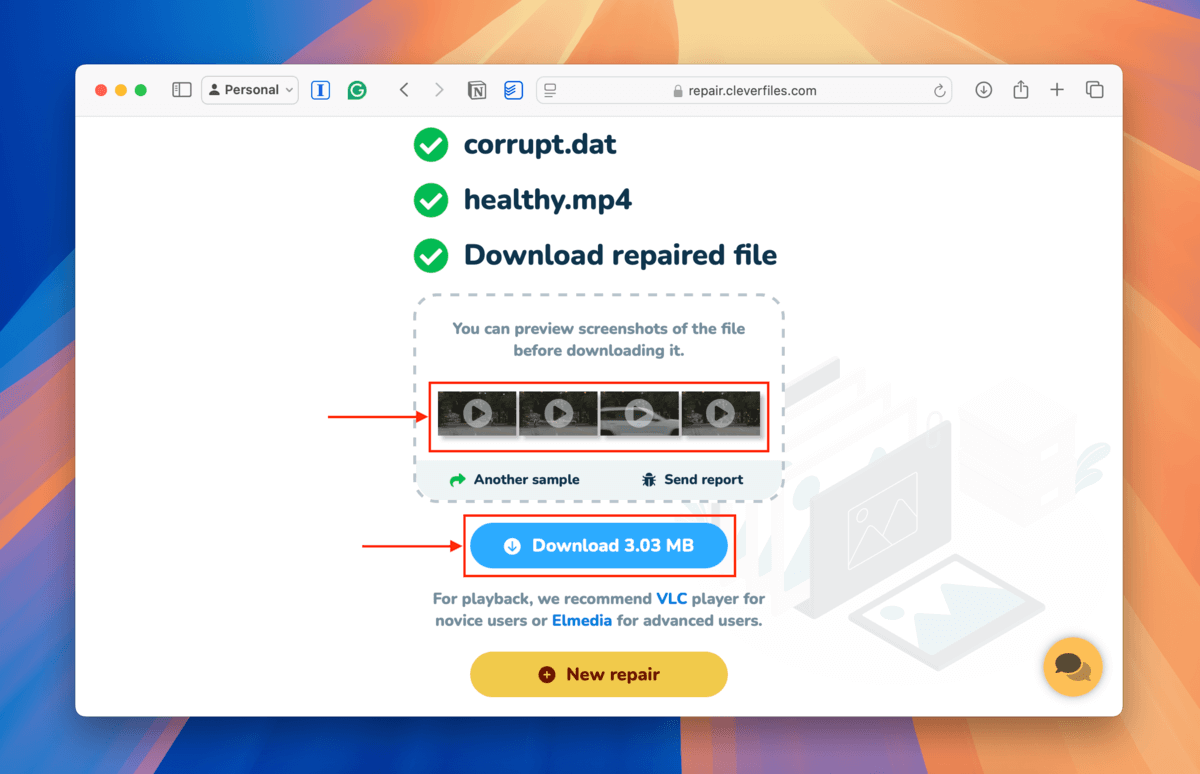 Clever Online Video Repair preview screenshots and download button