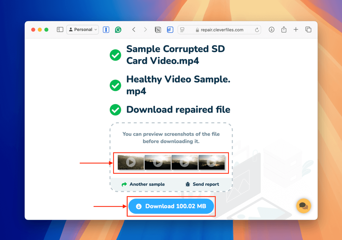 Clever Online Video Repair's preview clips and download button in 