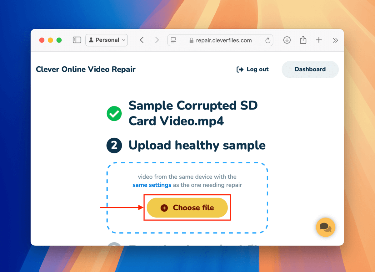 Clever Online Video Repair upload button for sample file