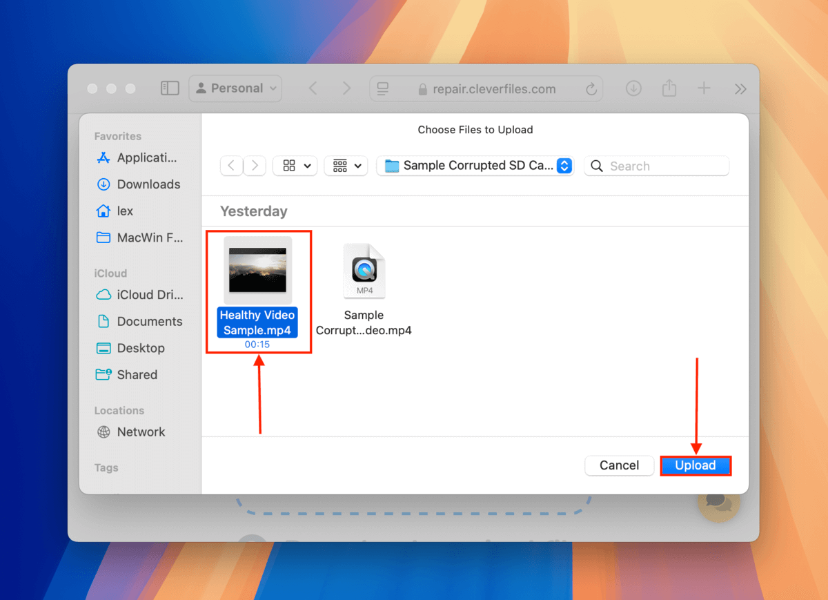 Clever Online Video Repair sample upload dialogue window