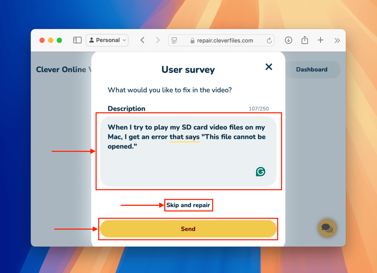 Survey dialogue box in Clever Video Online Repair
