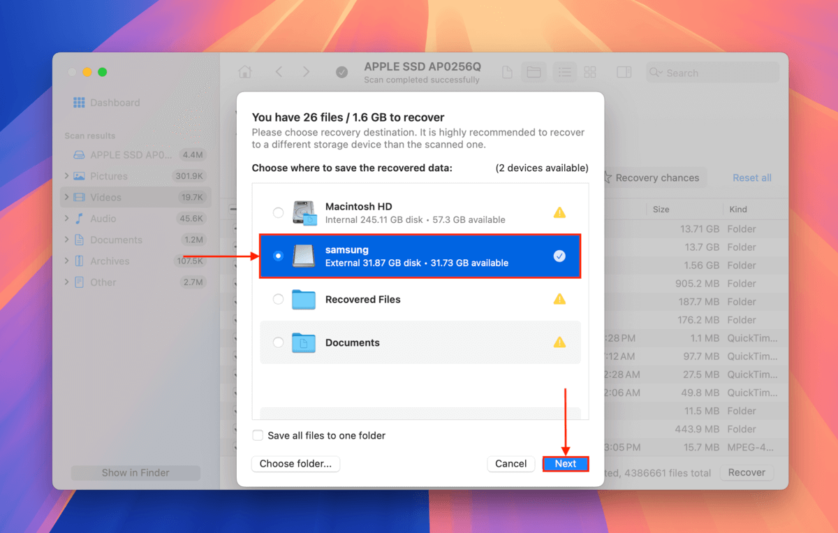 Disk Drill save folder selection menu