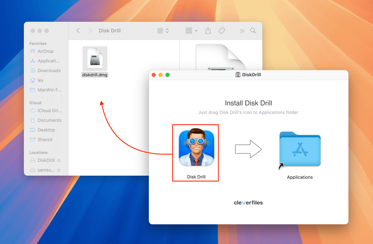 Dragging the Disk Drill installation package into a USB drive