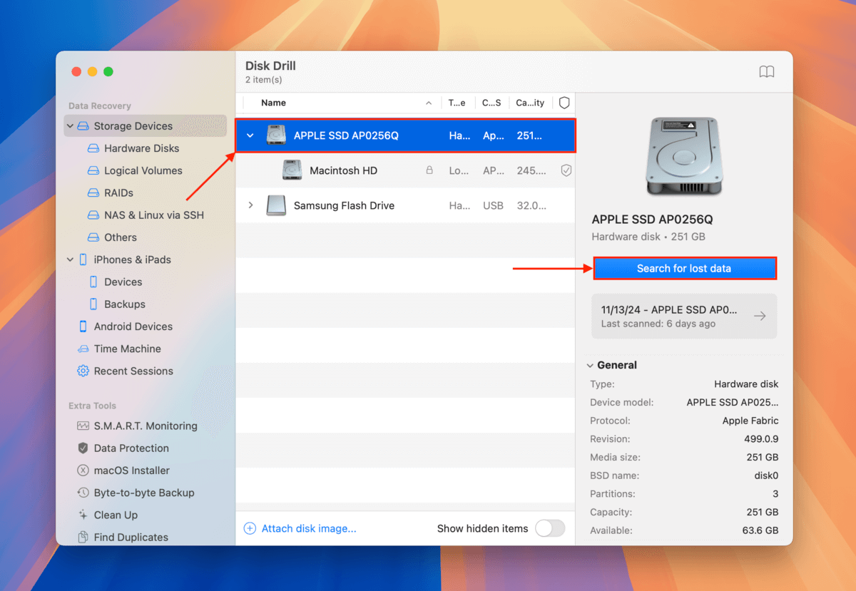 Mac disk in Disk Drill's source selection menu
