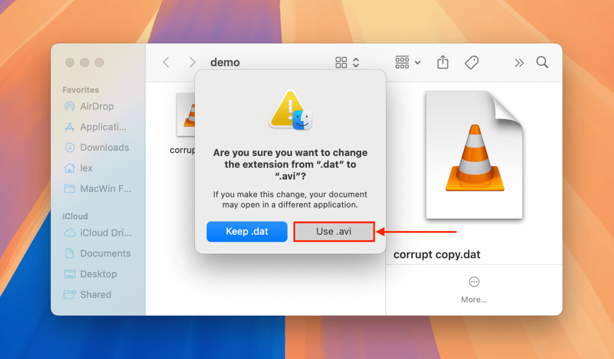 Confirm the rewriting of the dat file's extension in Finder