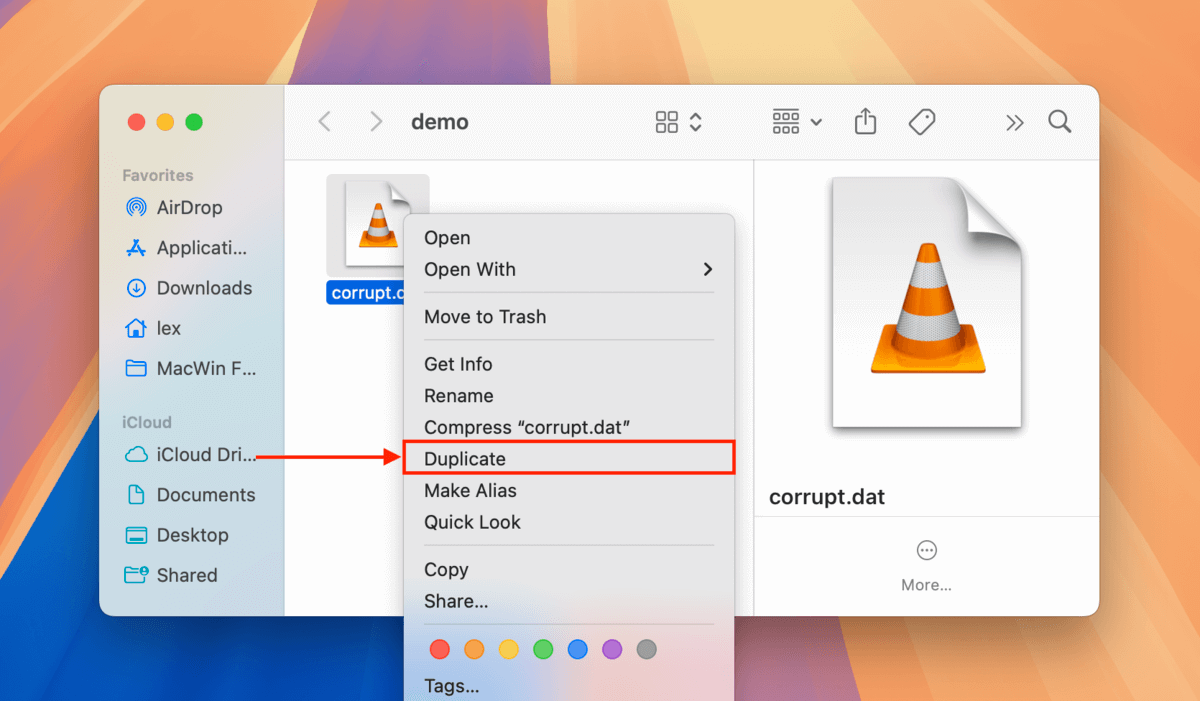 Duplicating a file in Finder