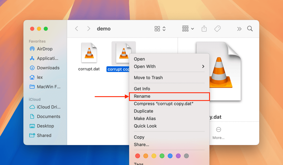 Renaming a dat file in Finder