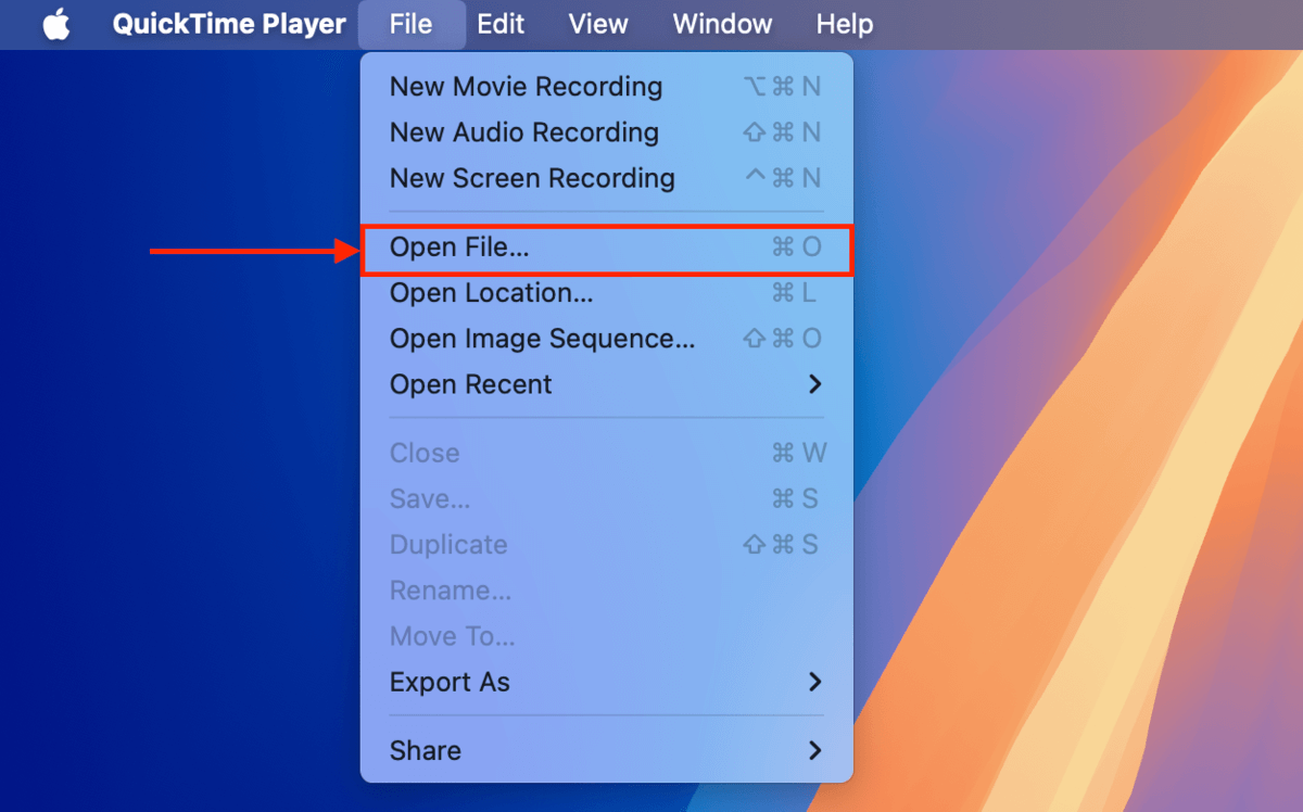Open File button in QuickTime's File menu