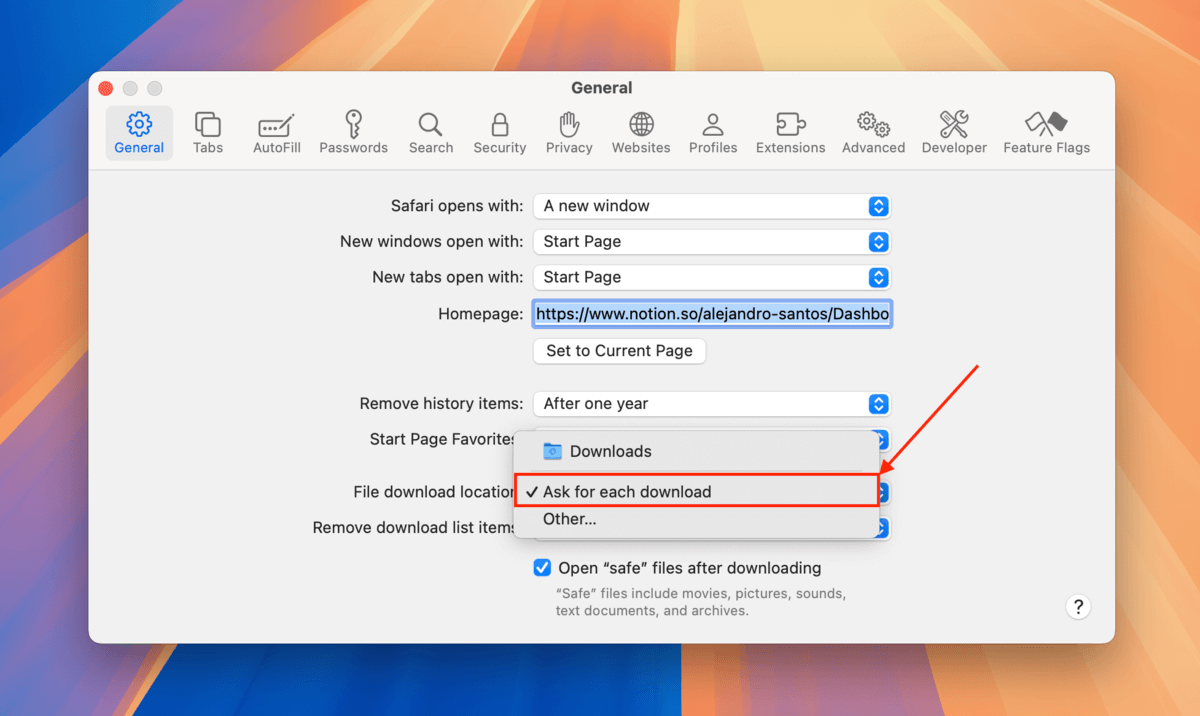 Changing Safari's download behavior to "always ask."