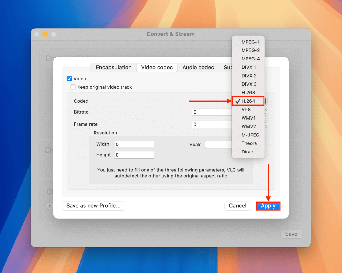 VLC Video codec conversion menu