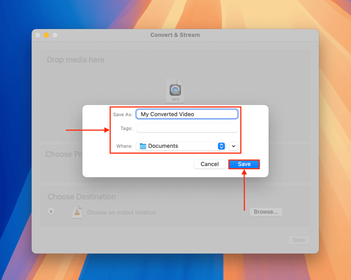 VLC conversion menu file name, tags, and save location 
