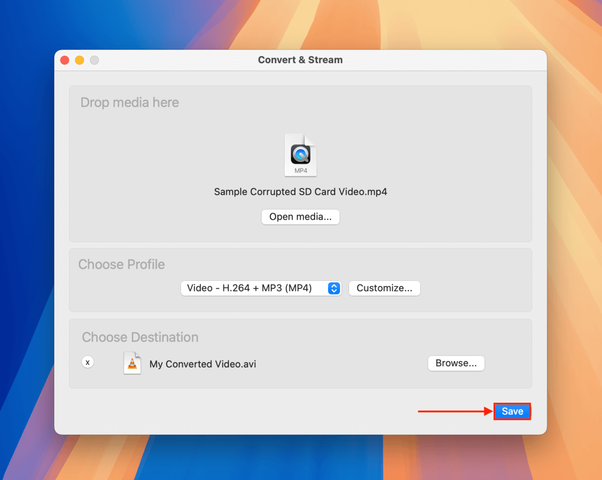 Save button in VLC conversion window