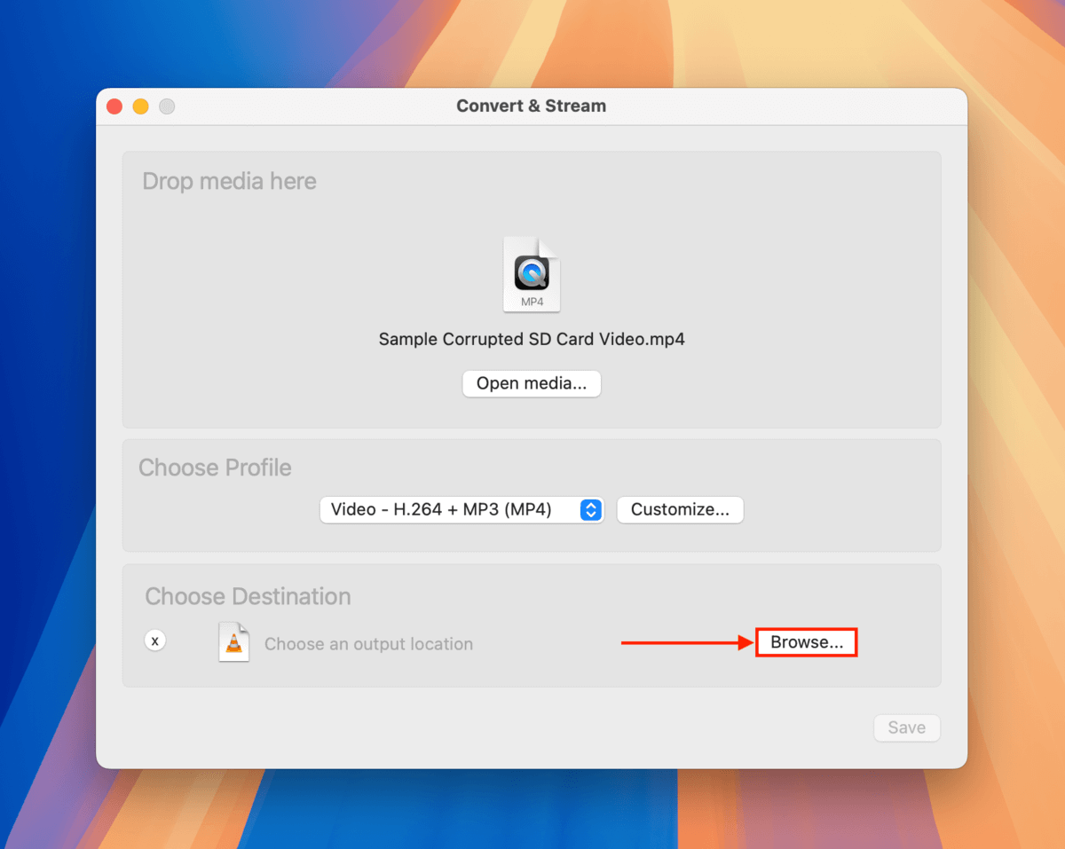 Browse button in the VLC conversion menu