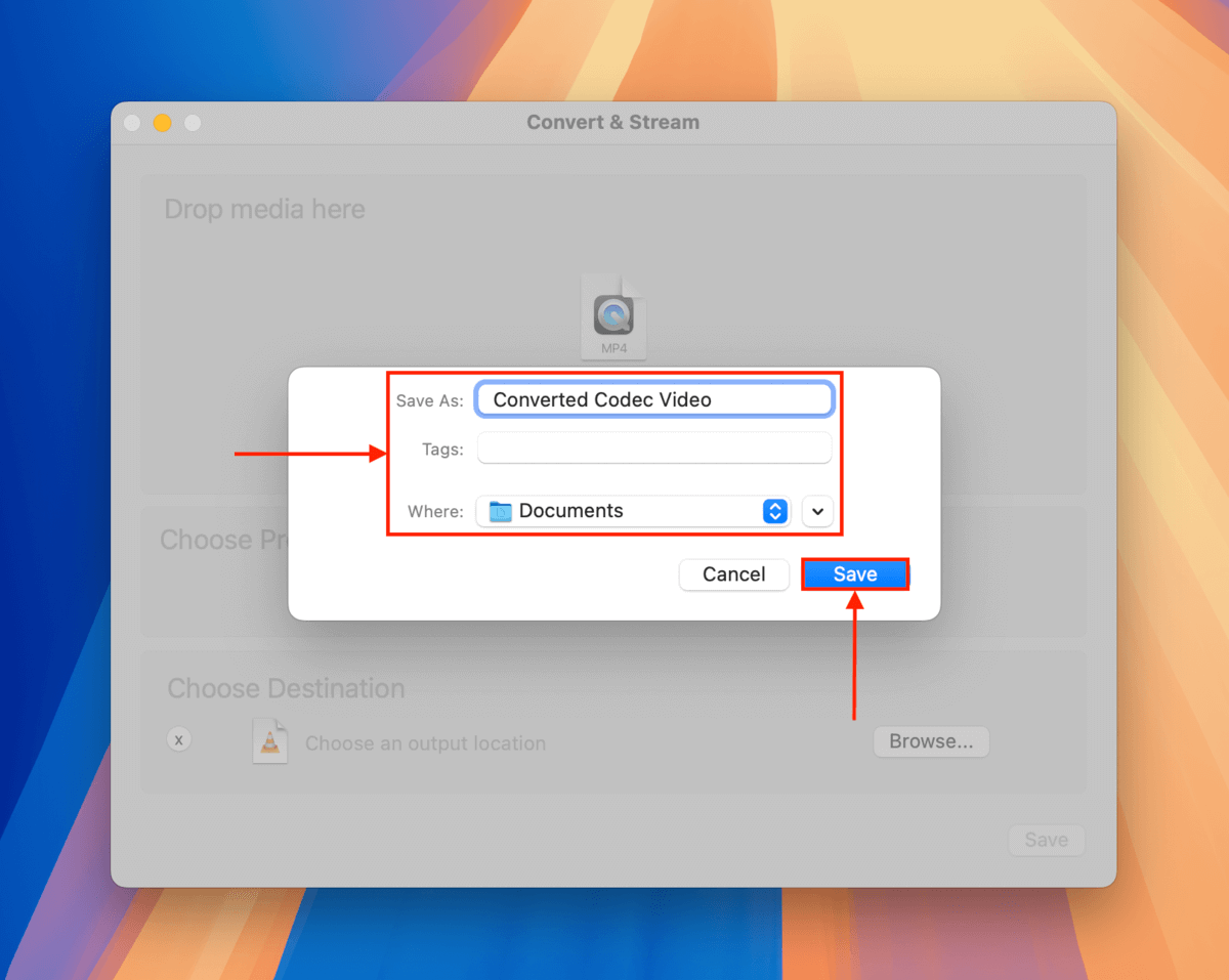 Save file parameters for VLC conversion tool