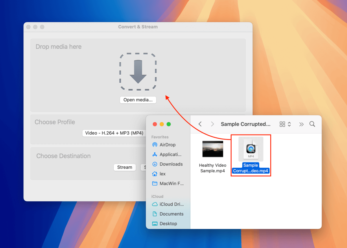 Dragging corrupt video to VLC Convert/Stream window