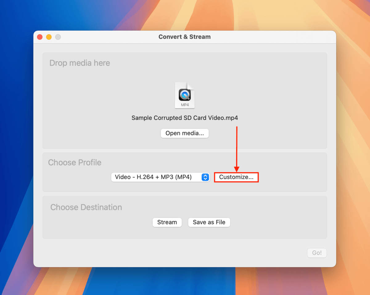 Customize button in the VLC converter menu