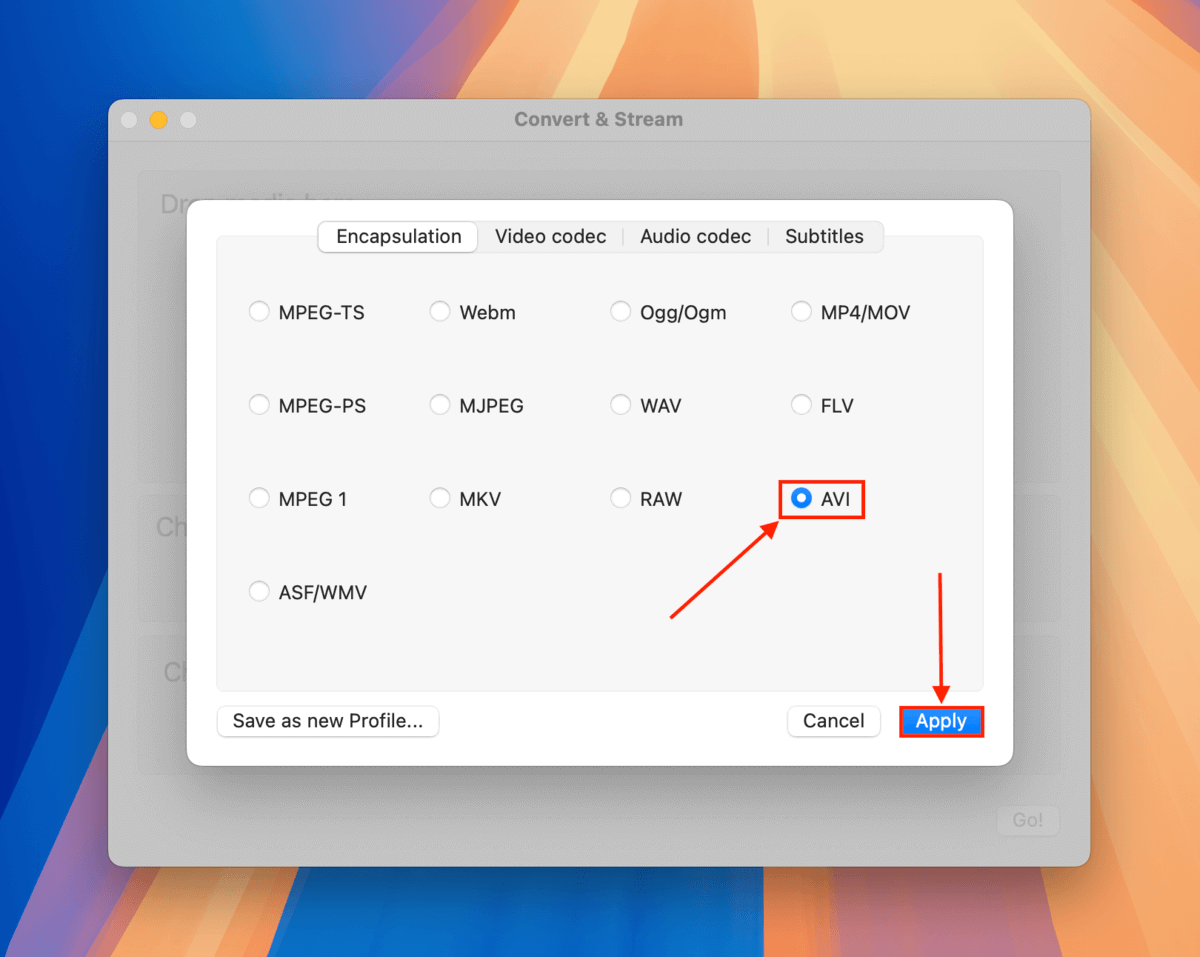 Encapsulation options in VLC converter