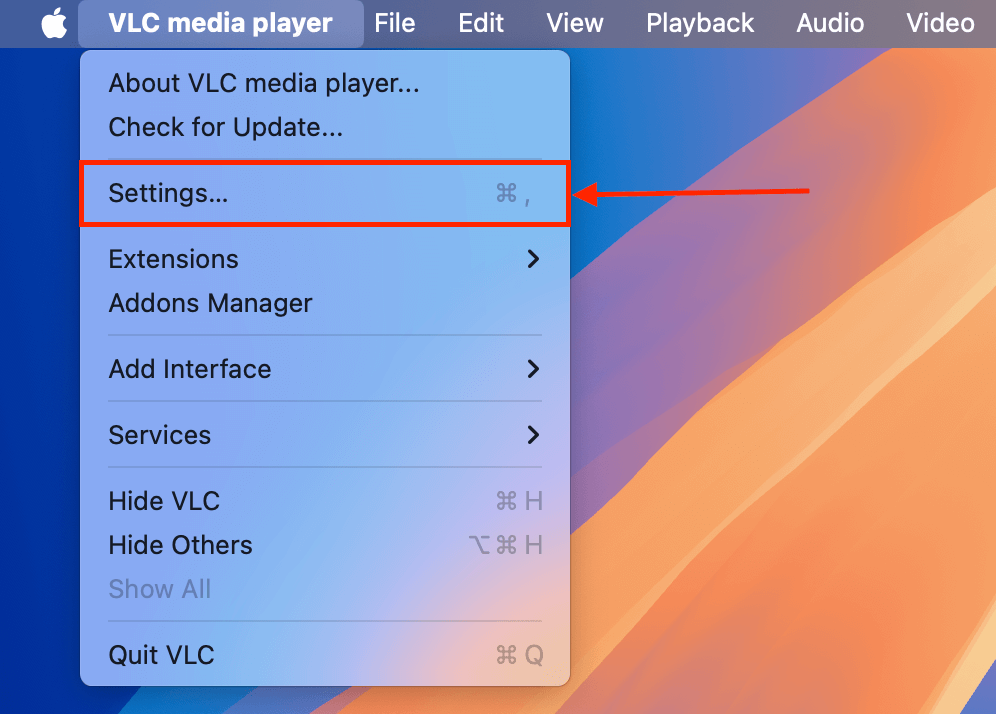 Settings button in VLC Media Player File menu