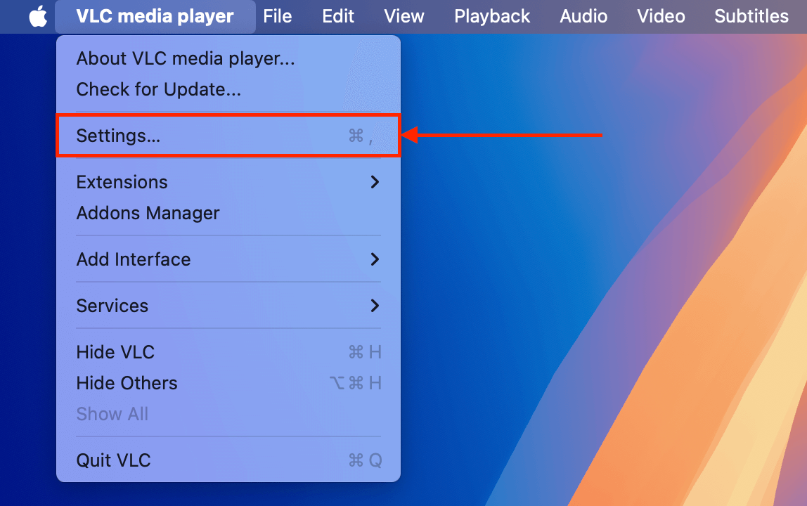 Settings button in VLC's main menu