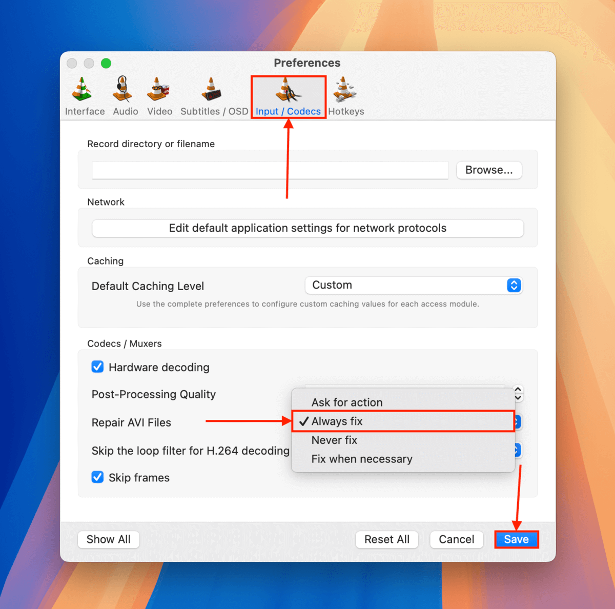 AVI repair setting in VLC Preferences menu