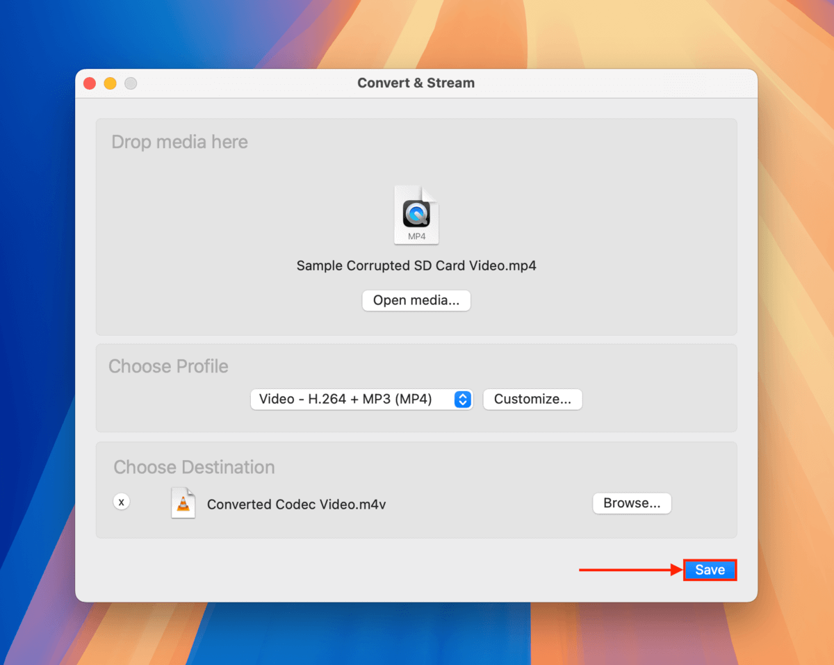 Save button in VLC converter window