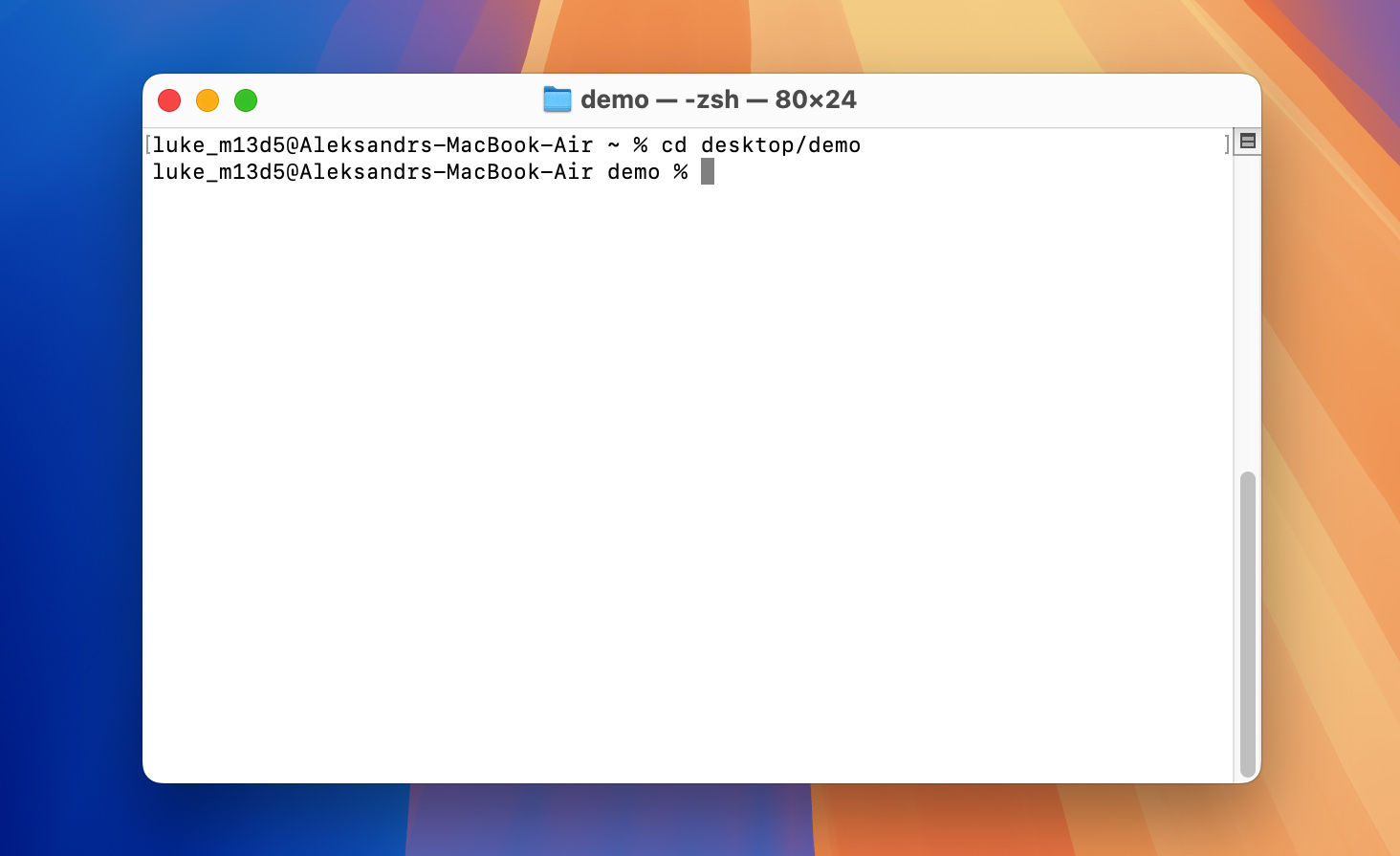 CD command in the Terminal app pointing to a folder in the Desktop directory