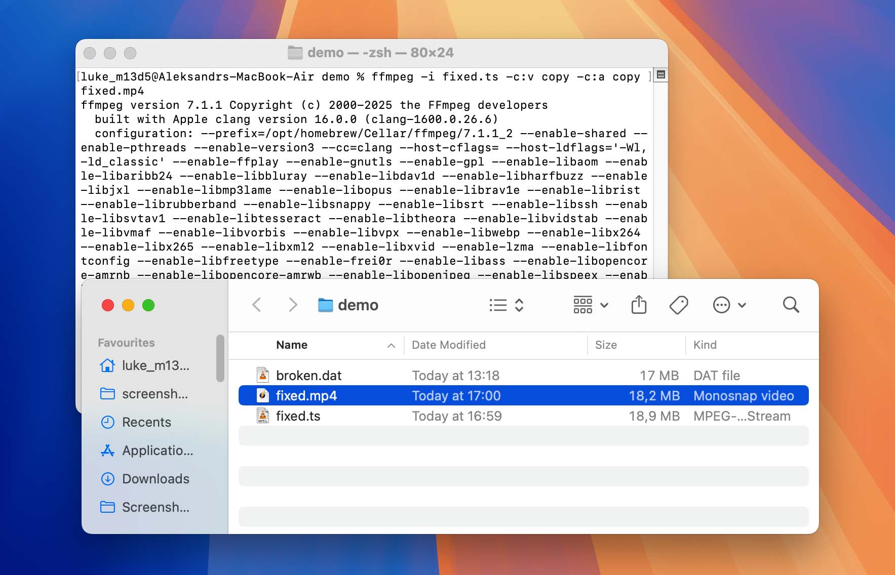 FFmpeg command to wrap the raw streams in an MP4 container