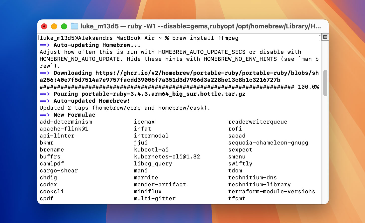 Homebrew installation of the FFmpeg app via Terminal's command line