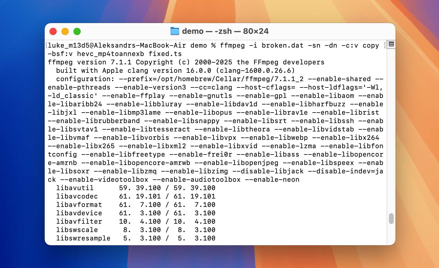 FFmpeg command to extract raw video and audio streams from dat file