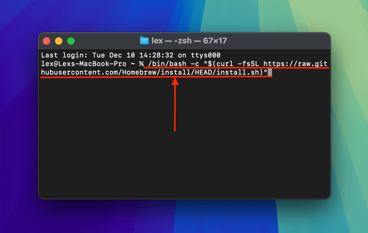 Executing the Homebrew installation command in the Terminal app