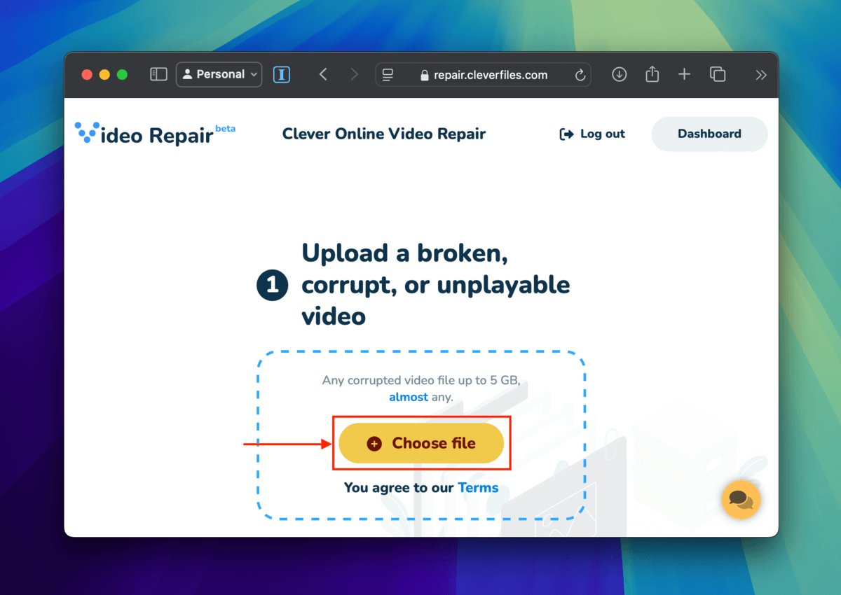 Choose file button in Clever Online Video Repair
