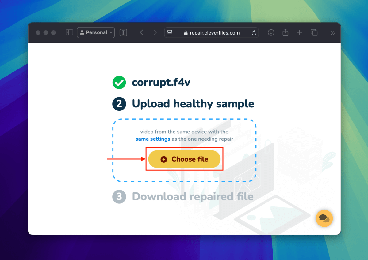 Clever Online Video Repair Choose file button for healthy F4V file sample