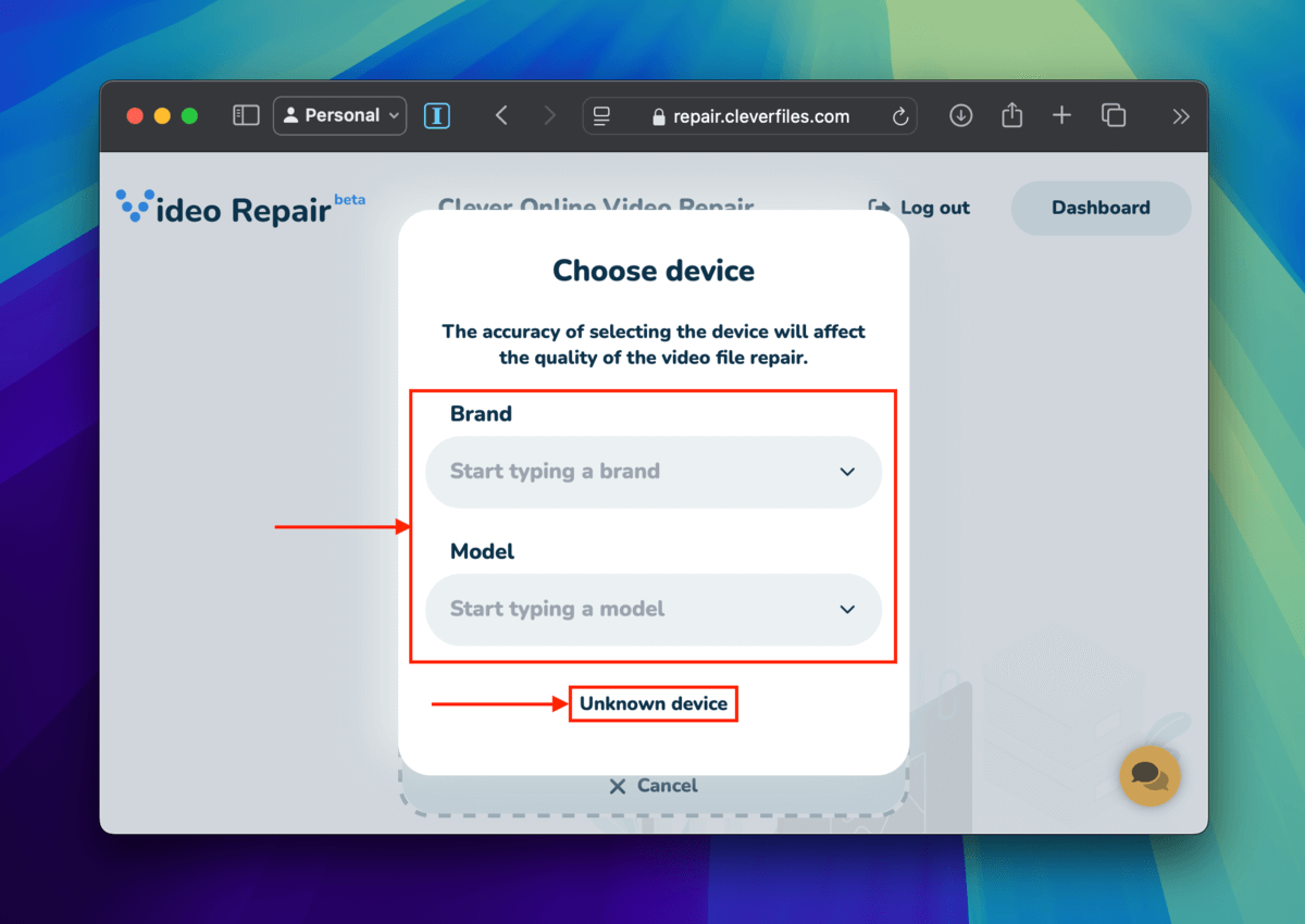 Clever Online Video Repair brand and model selection menu 