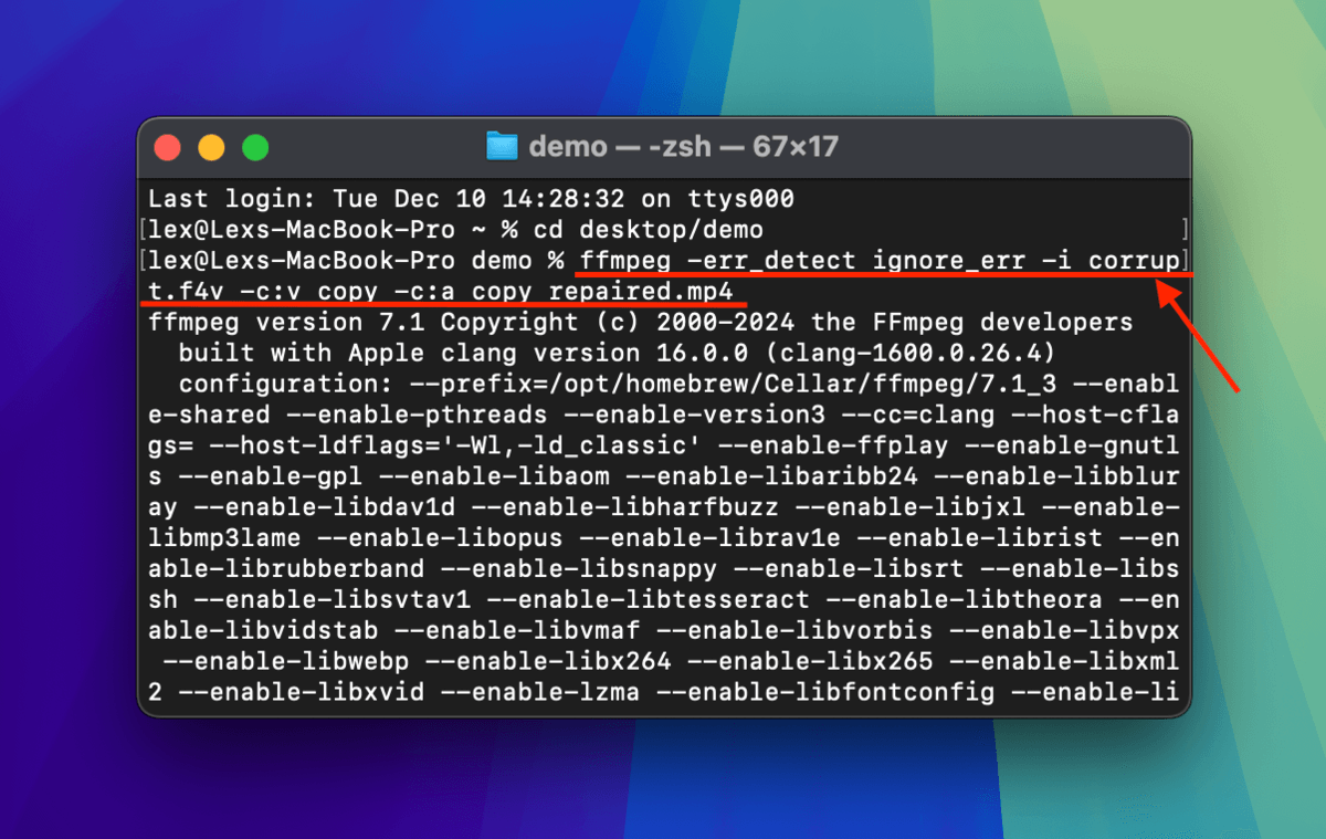 Terminal command to run FFmpeg re-encoding tool on F4V with parameters to ignore errors