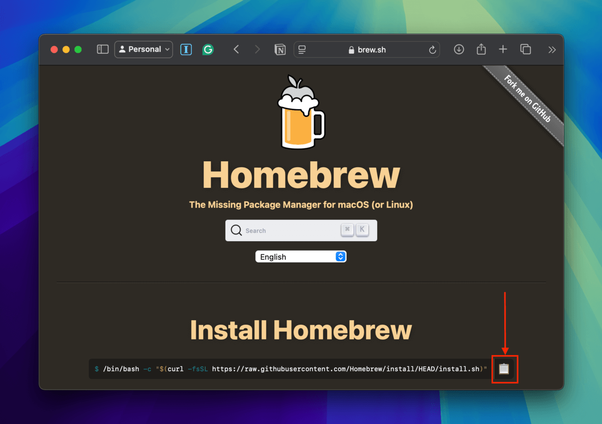 Package installer command for Homebrew on the Brew homepage