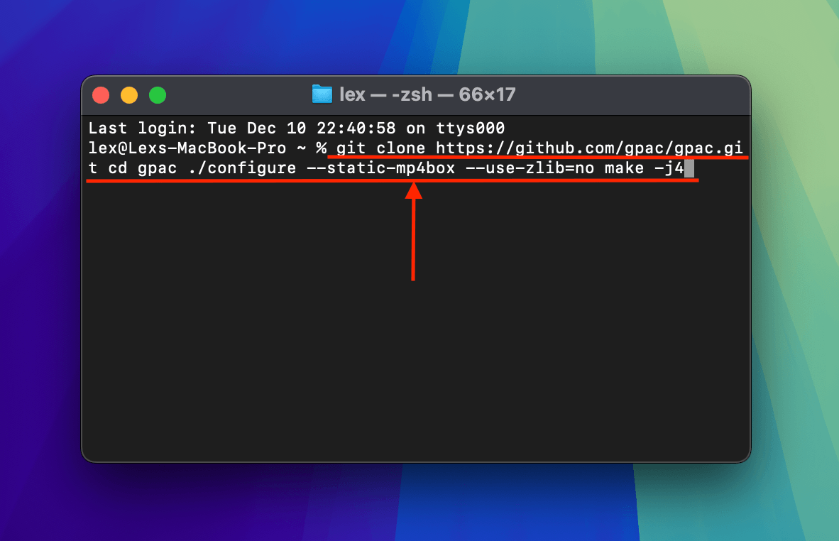 GPAC Framework installation command in the Terminal app