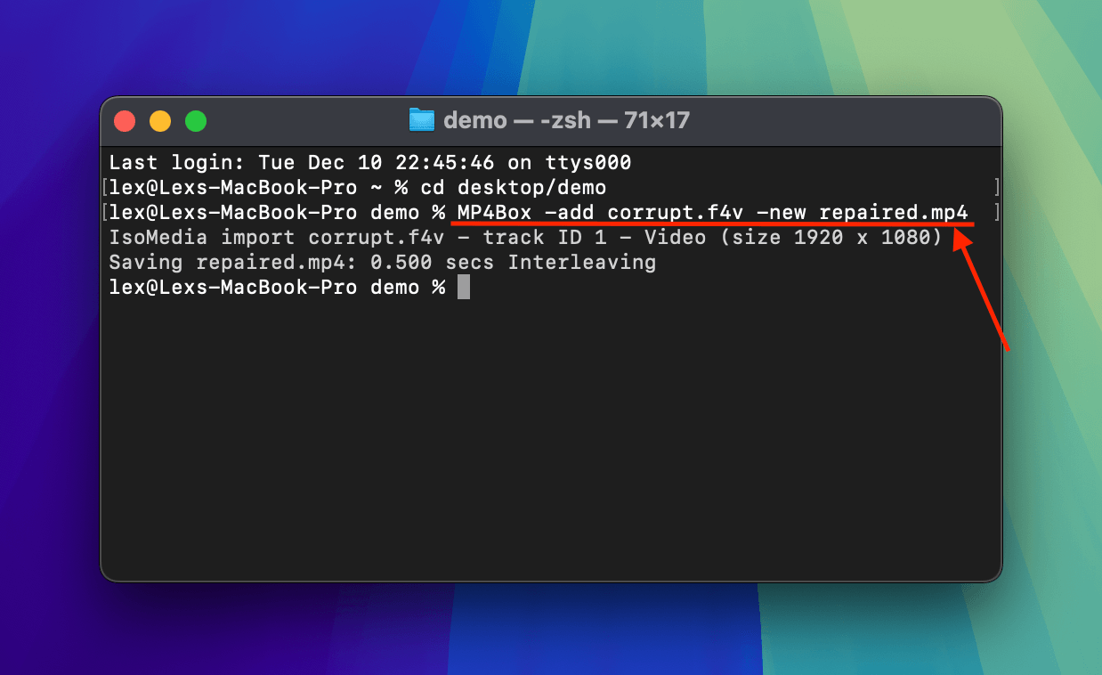 Running MP4Box's rebuild tool to extract F4V's audio and video files and place them in a new MP4 container