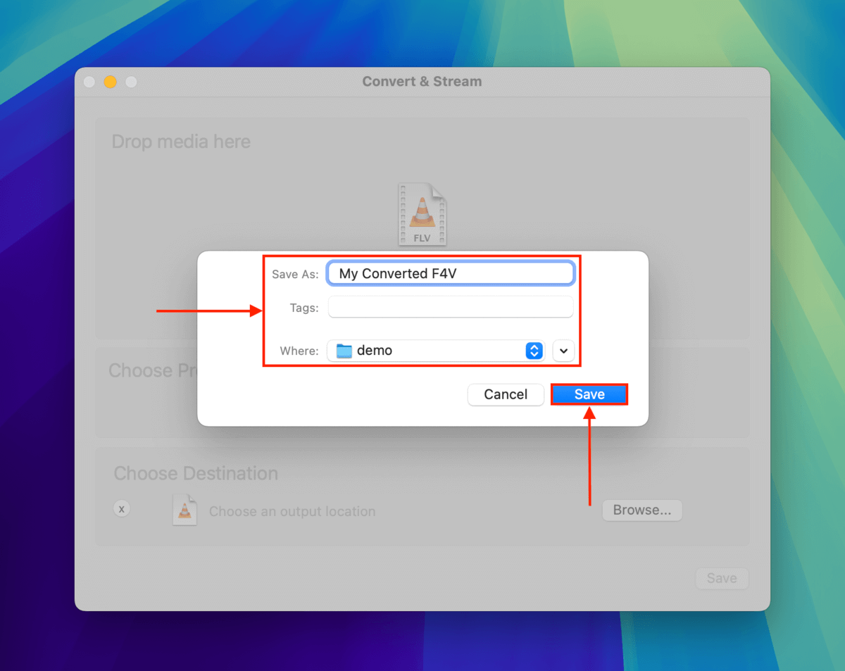 VLC Media Player new file name and folder selection menu